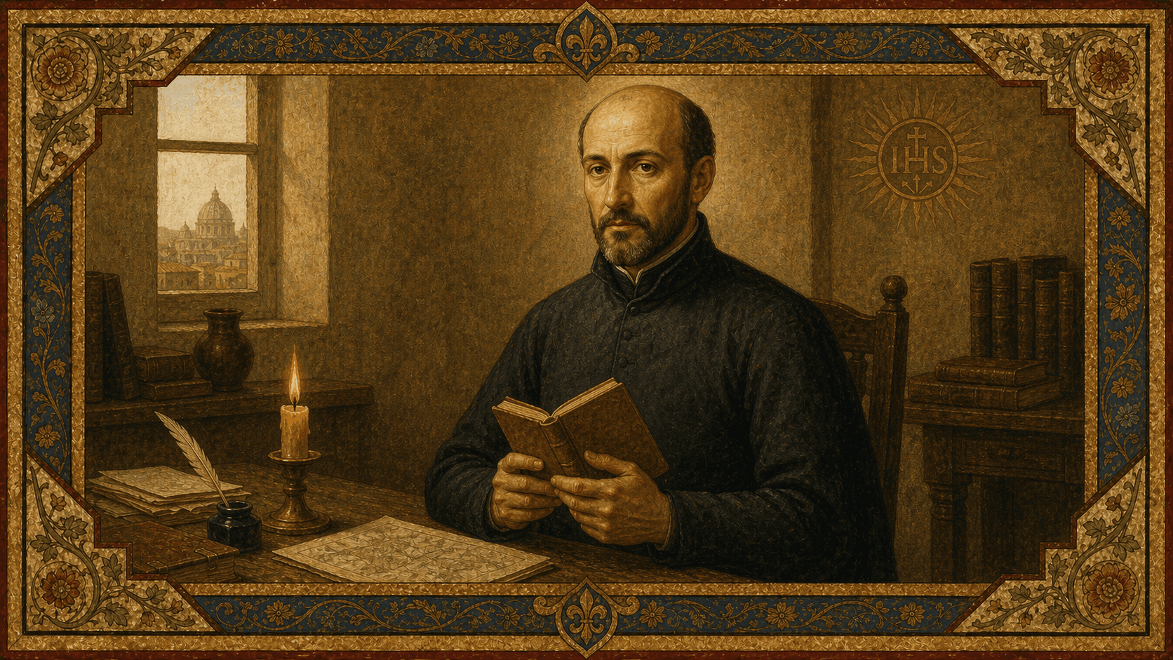 St. Ignatius of Loyola in a black Jesuit cassock with the IHS emblem.