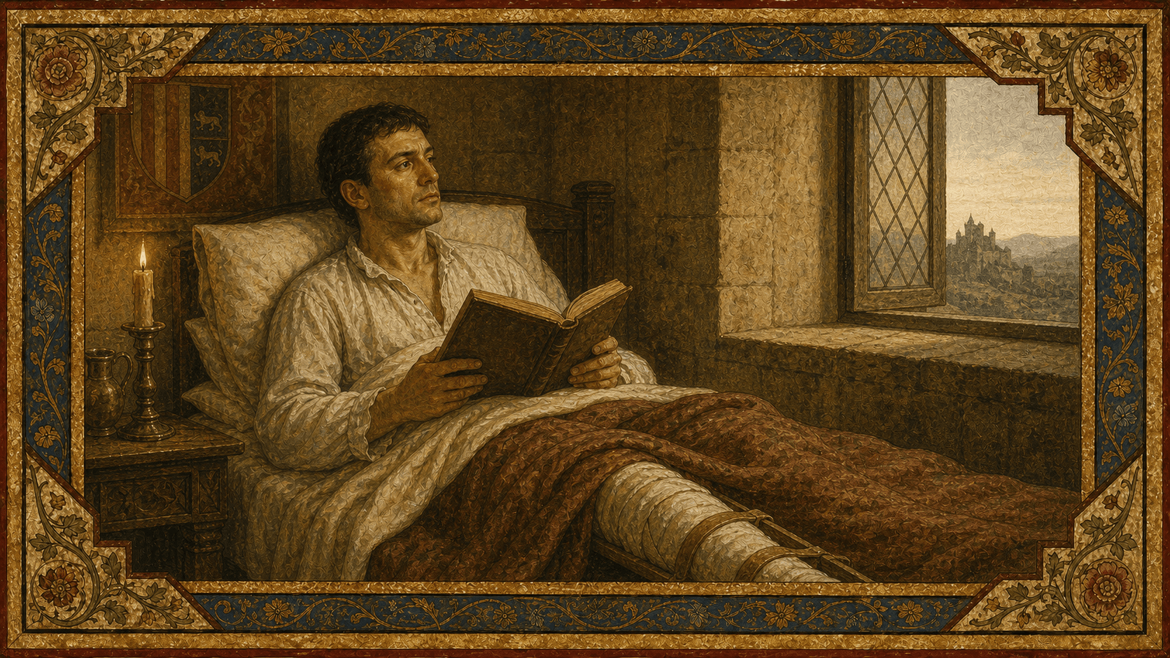 Ignatius recovering from his cannonball wound, reading the lives of Christ and the saints.