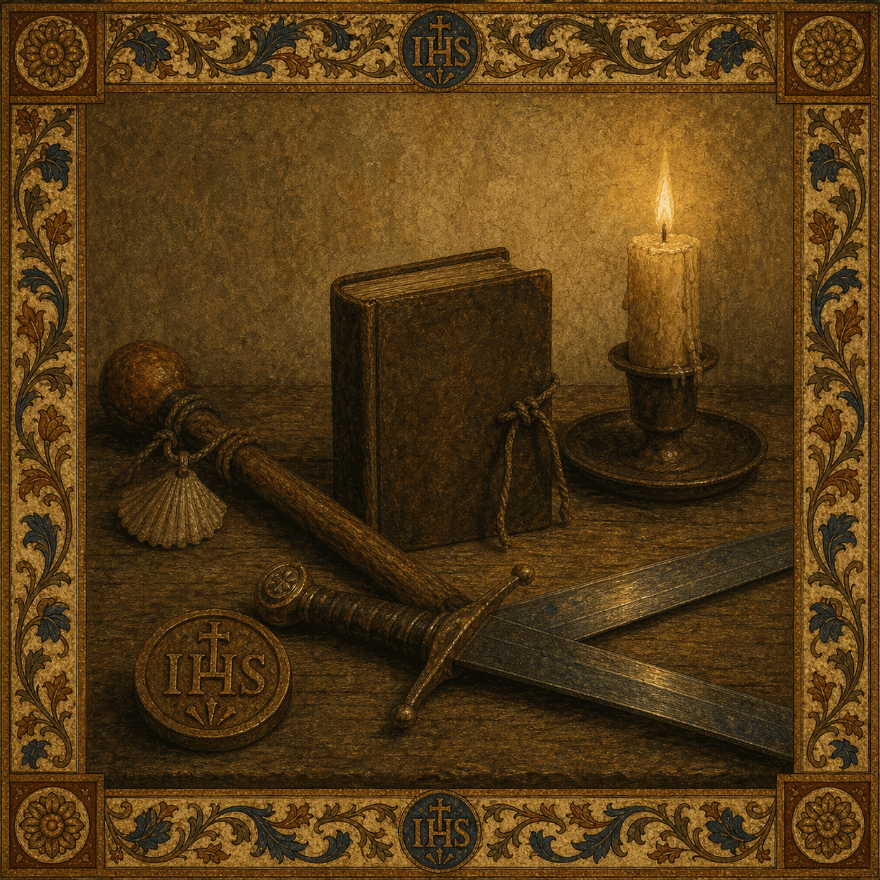 A symbolic still life for Ignatius with a black cassock, book, pilgrim staff, and IHS emblem.