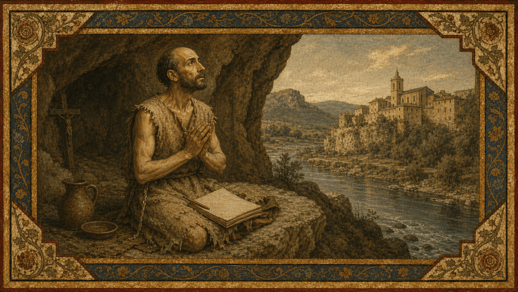 Ignatius at Manresa, writing and praying in an austere cave setting.