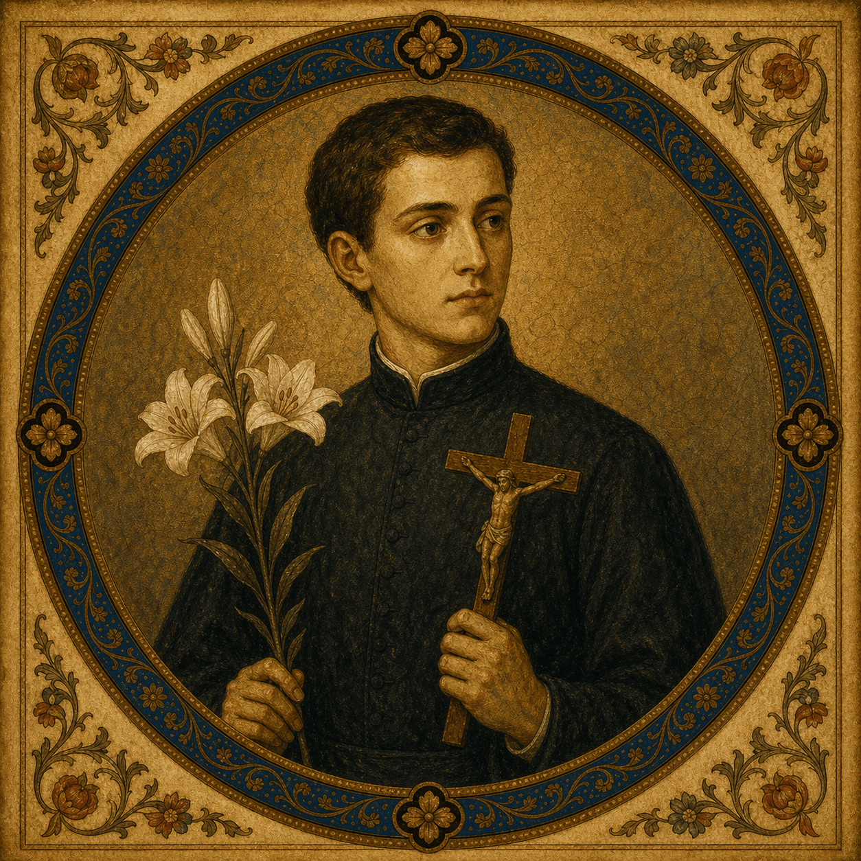 Portrait medallion of St. Aloysius Gonzaga in a black Jesuit cassock.
