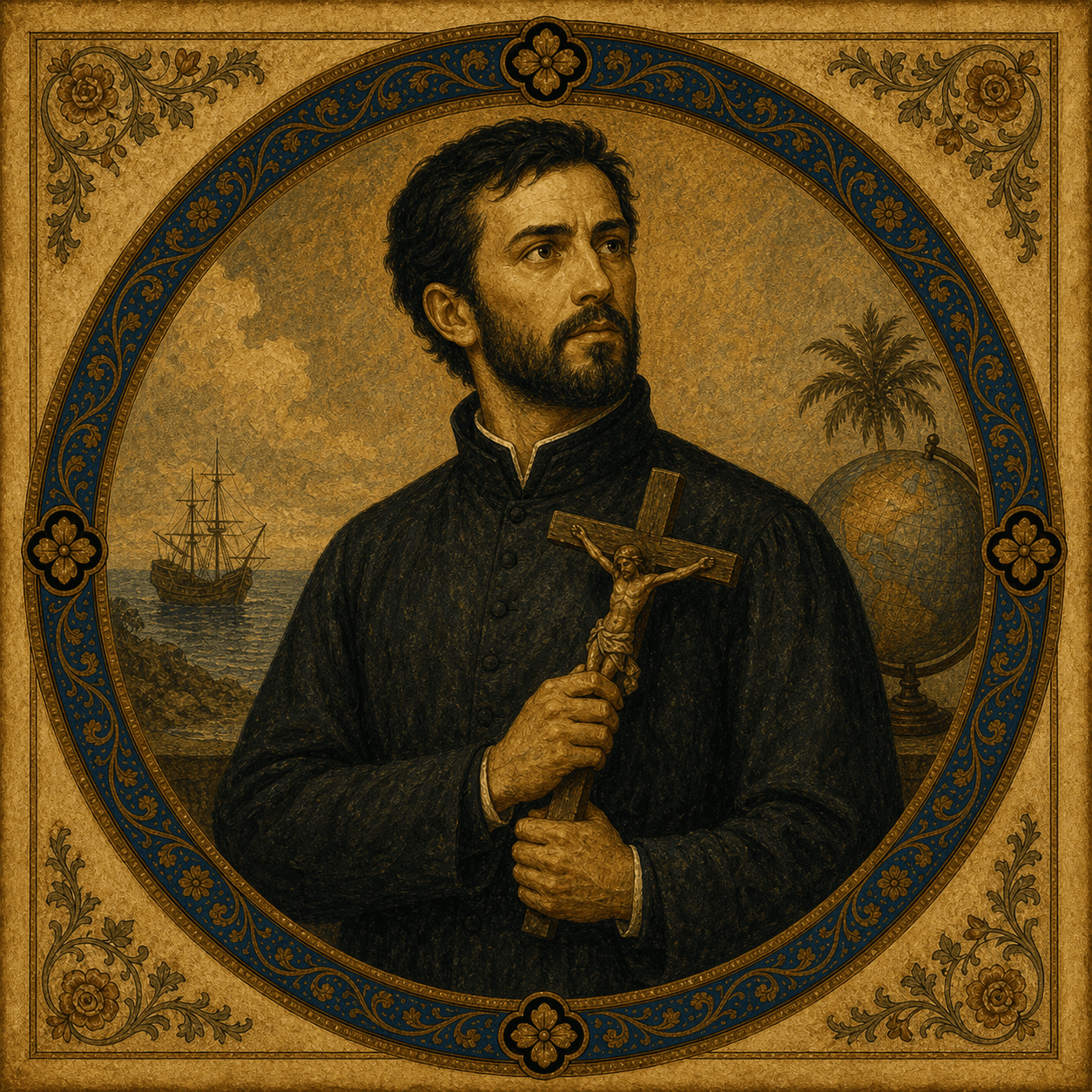 Portrait medallion of St. Francis Xavier in a black Jesuit cassock.