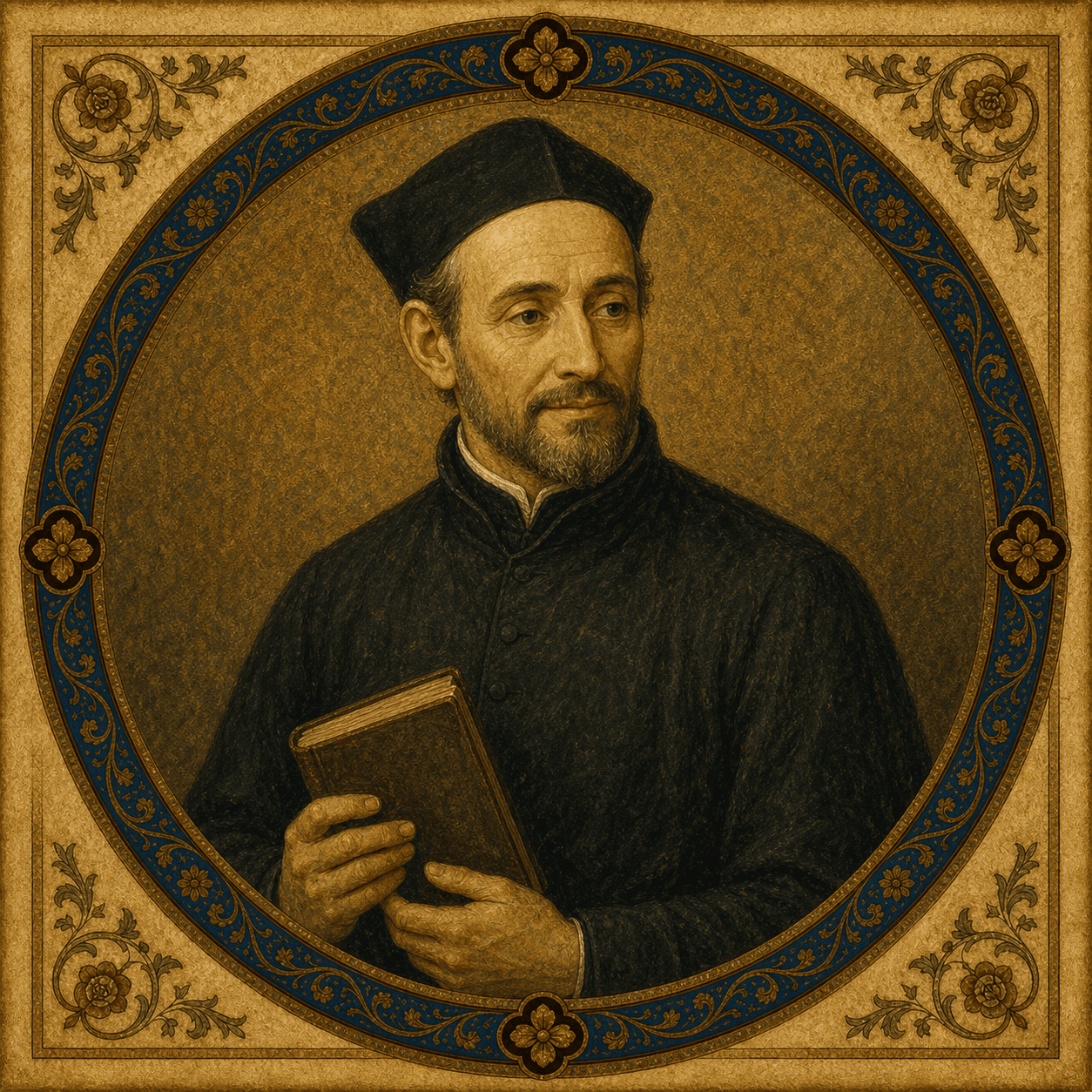Portrait medallion of St. Peter Faber in a black Jesuit cassock.