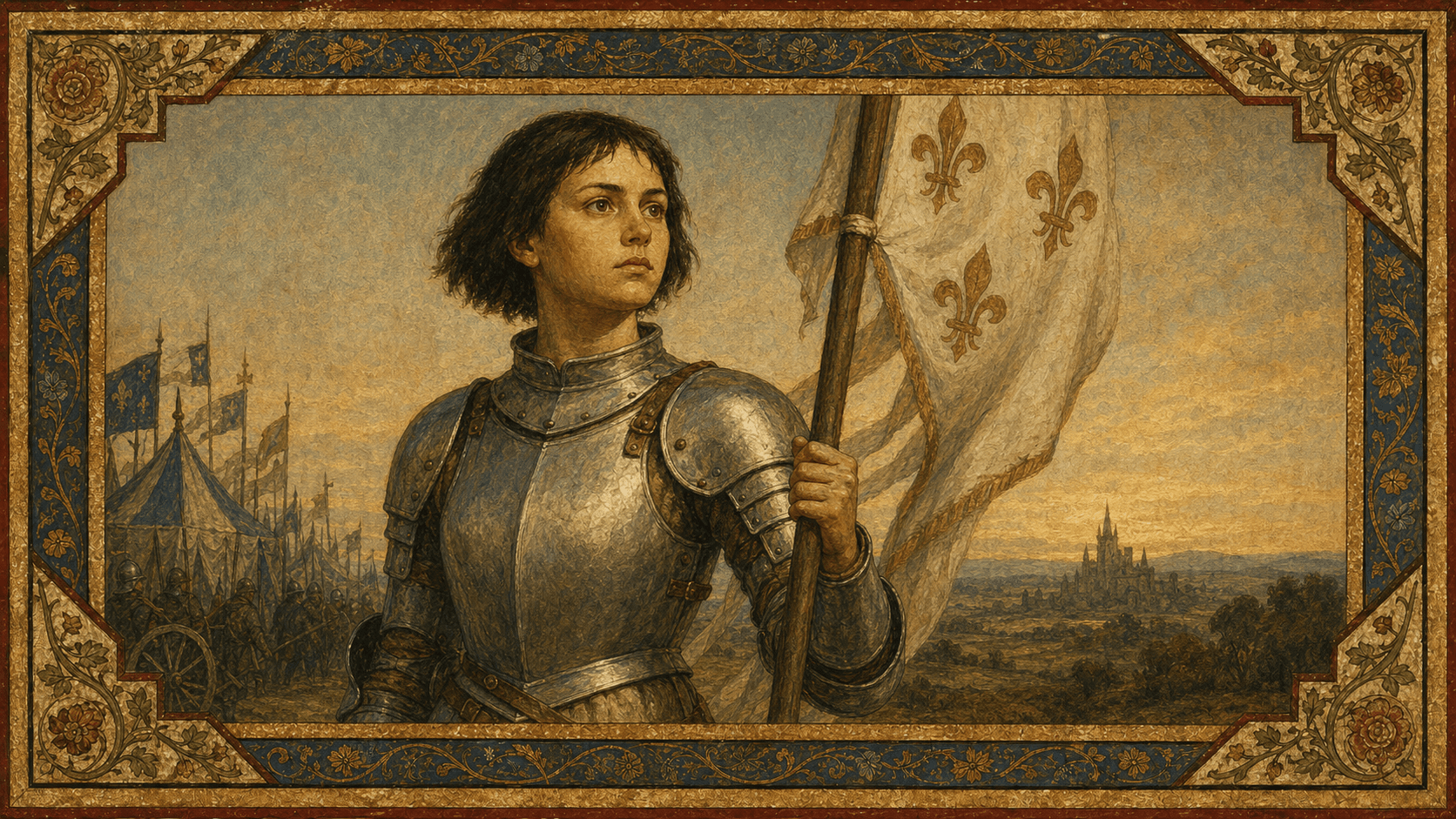 St. Joan of Arc in functional fifteenth-century armor, holding a fleur-de-lis banner.
