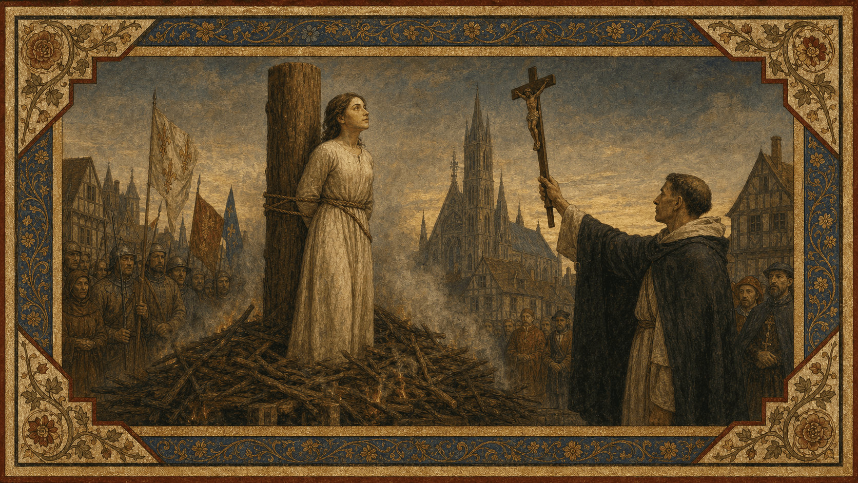 Joan of Arc at the stake in Rouen, looking toward a crucifix with flames kept low.