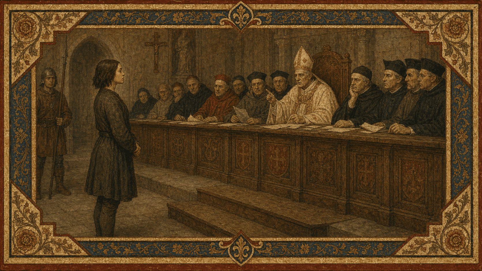 Joan of Arc alone before the clerical tribunal at Rouen.