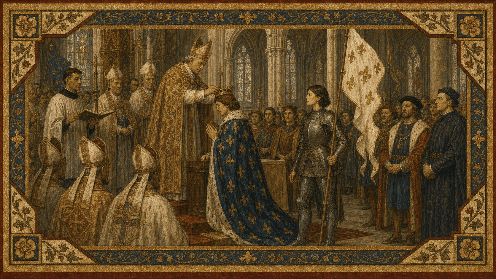 Joan of Arc standing with her banner at the coronation of Charles VII in Reims Cathedral.