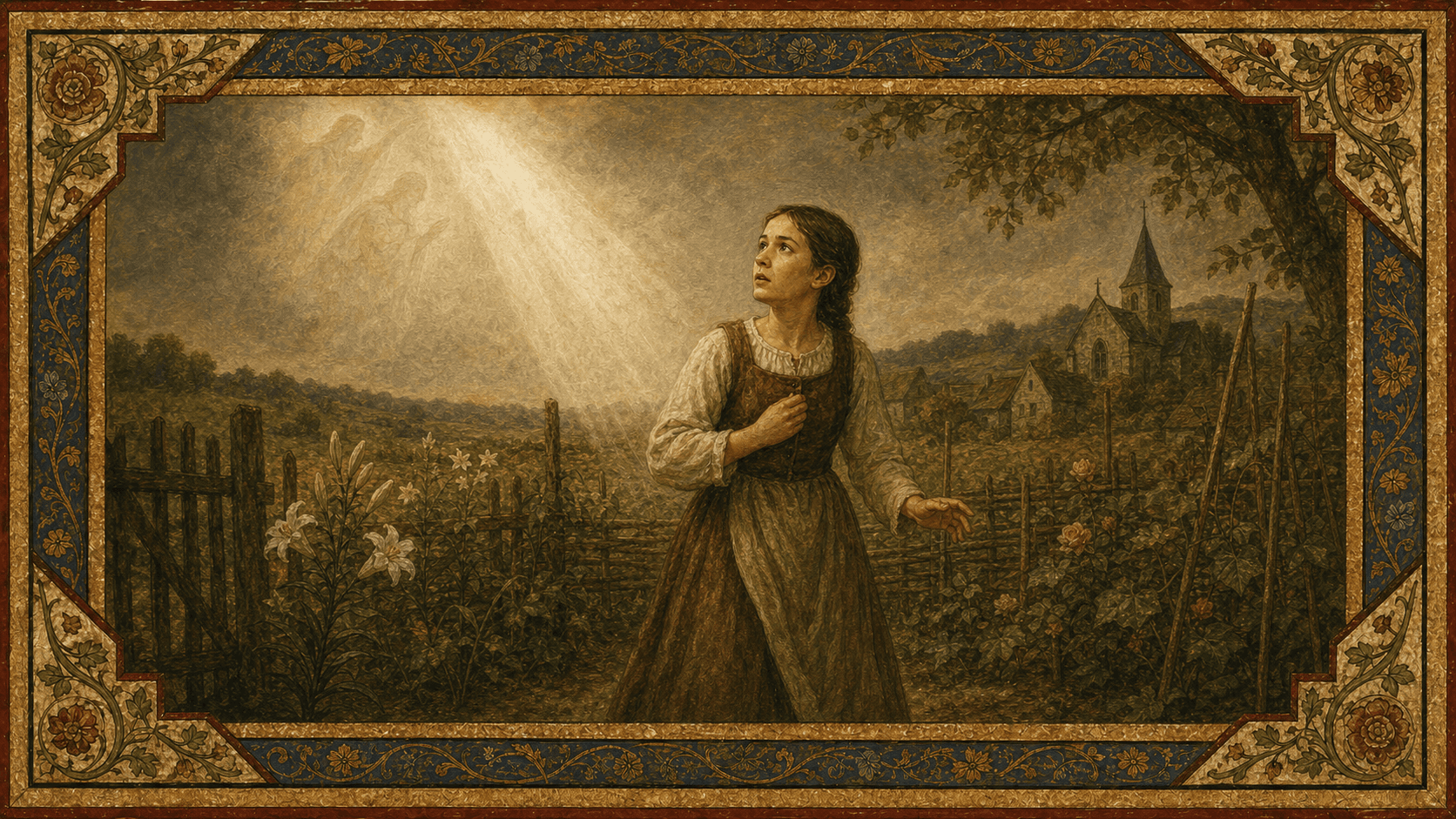 The young Joan of Arc in her father's garden, hearing her voices suggested by light.