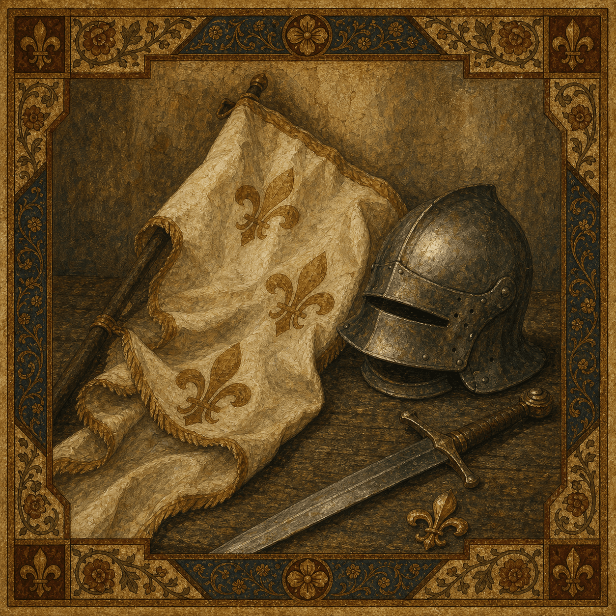 A symbolic still life for Joan of Arc with banner, armor, sword, and lilies.