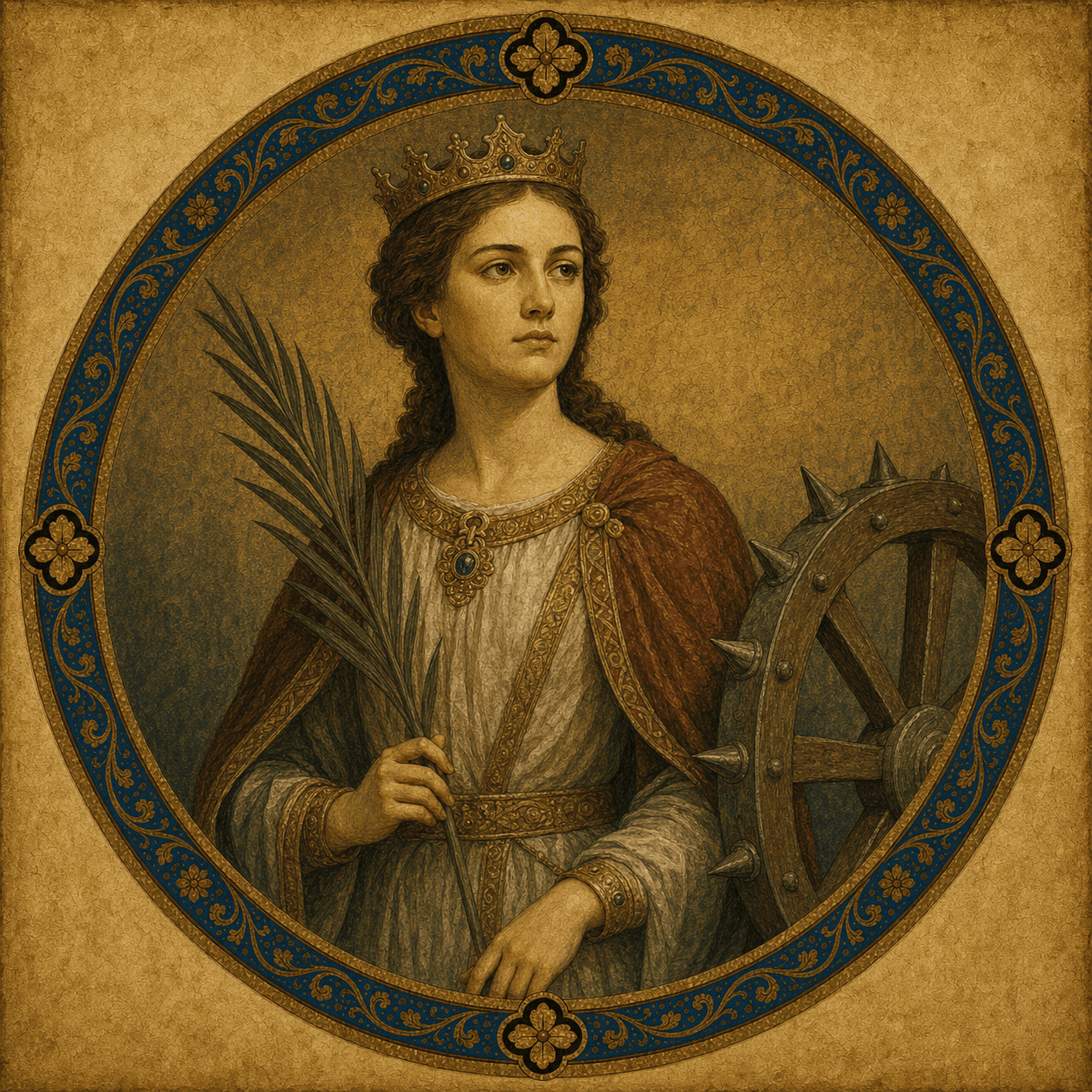 Portrait medallion of St. Catherine of Alexandria with crown, palm, and breaking wheel.