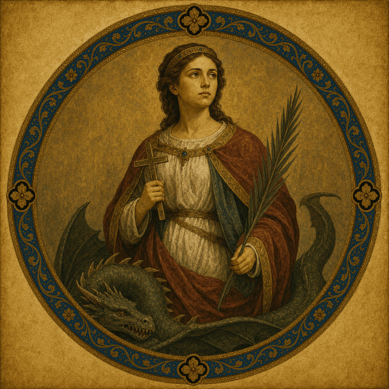 Portrait medallion of St. Margaret of Antioch with cross, palm, and dragon.