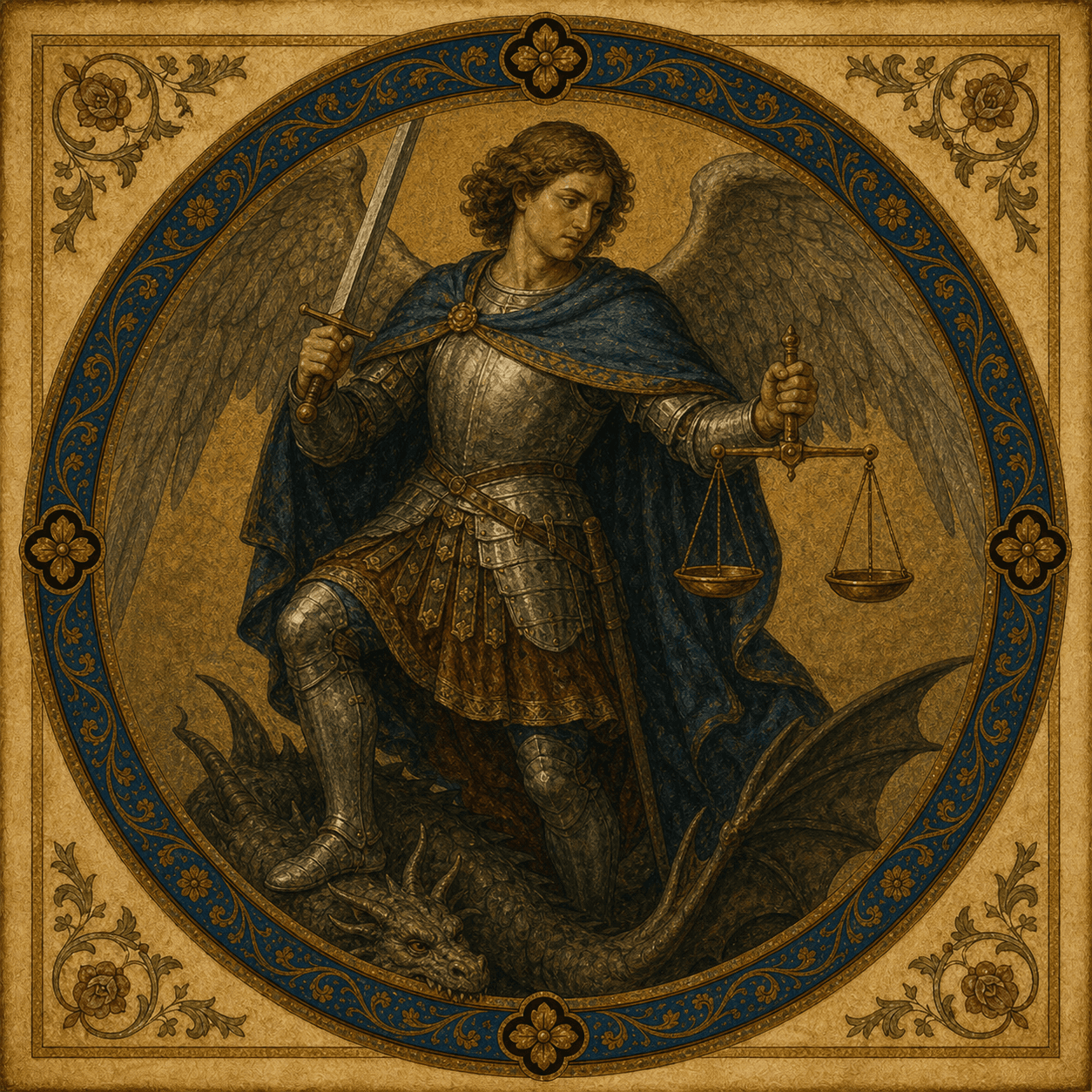 Portrait medallion of St. Michael the Archangel with armor, scales, and dragon.