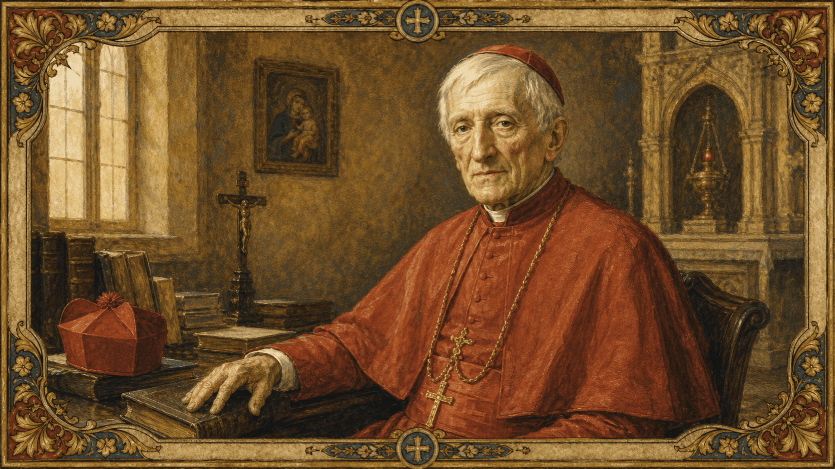 St. John Henry Newman as an aged cardinal in red, seated in an Oratory study.