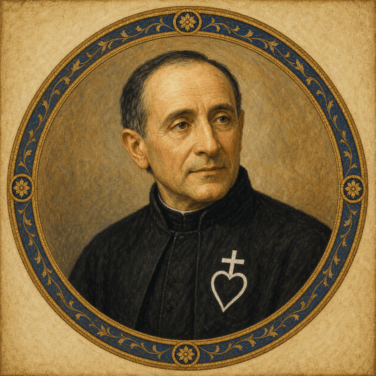 Portrait medallion of Blessed Dominic Barberi in a black Passionist habit.