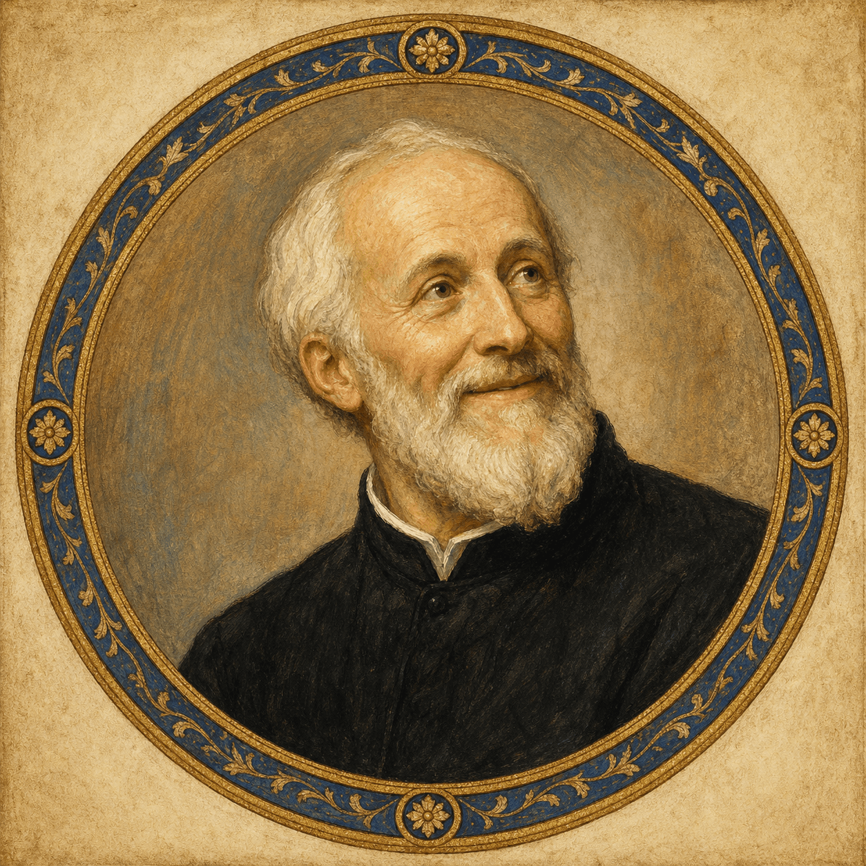 Portrait medallion of St. Philip Neri in a black Roman cassock.