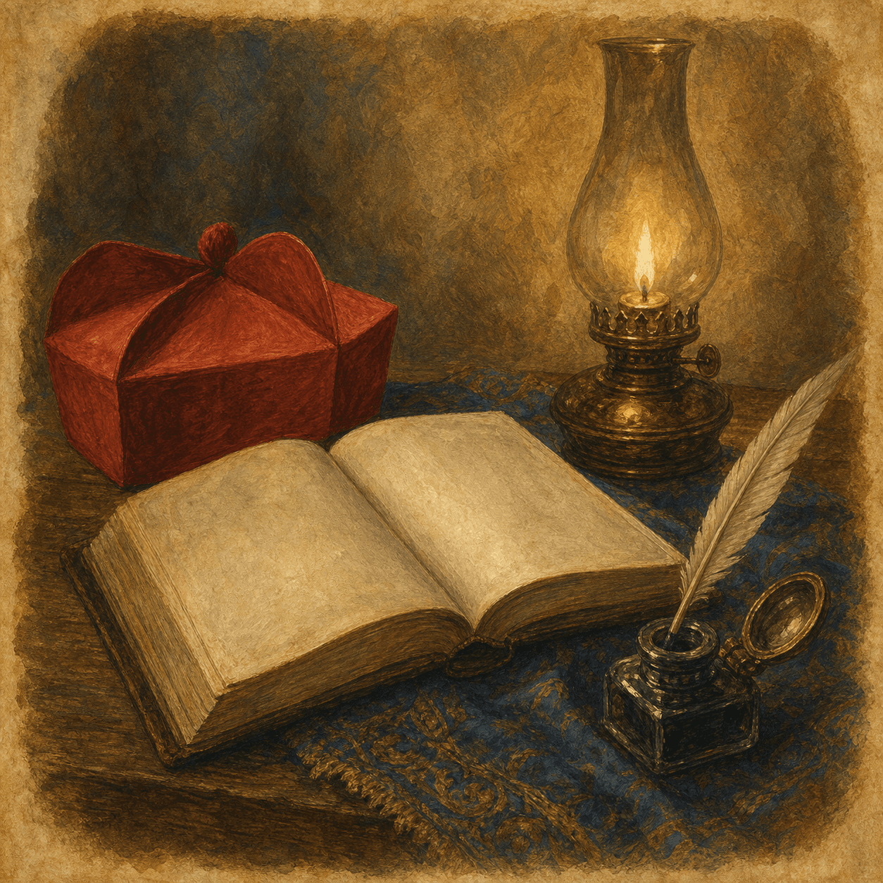 A still life for St. John Henry Newman with book, quill, biretta, and oil lamp.
