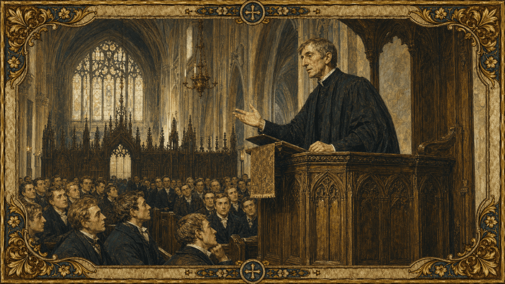 John Henry Newman preaching in the University Church at Oxford during the Oxford Movement.