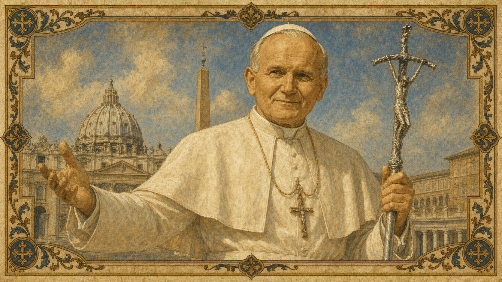 St. John Paul II in the white papal cassock, holding the bent-crucifix ferula.
