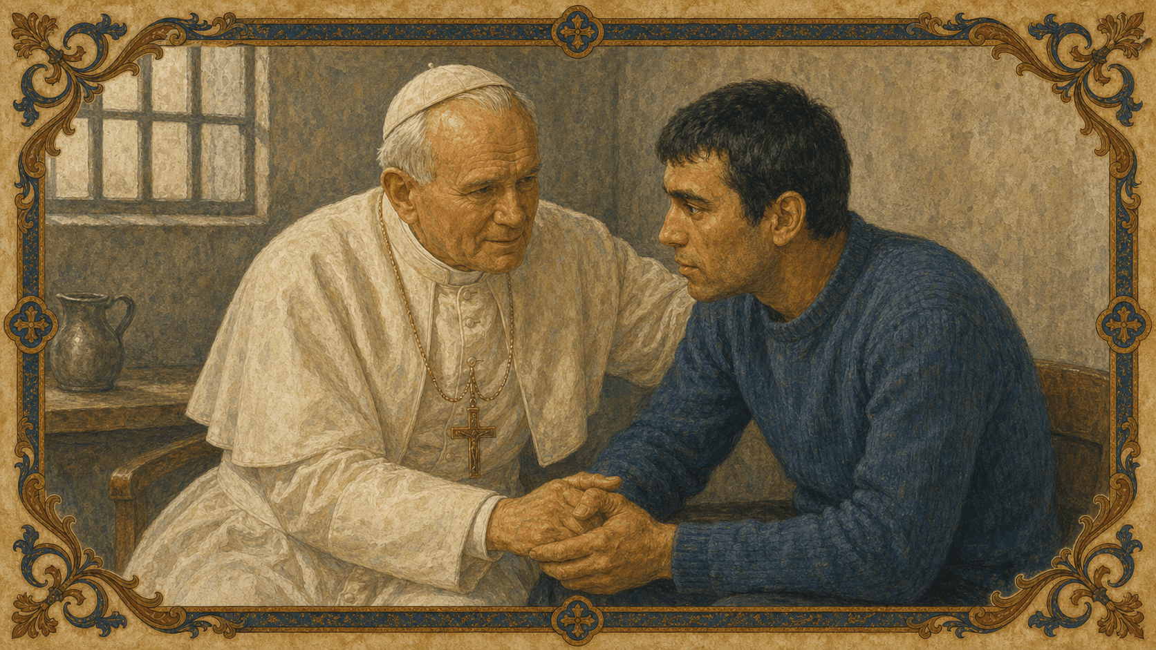 St. John Paul II forgiving Mehmet Ali Ağca in prison.