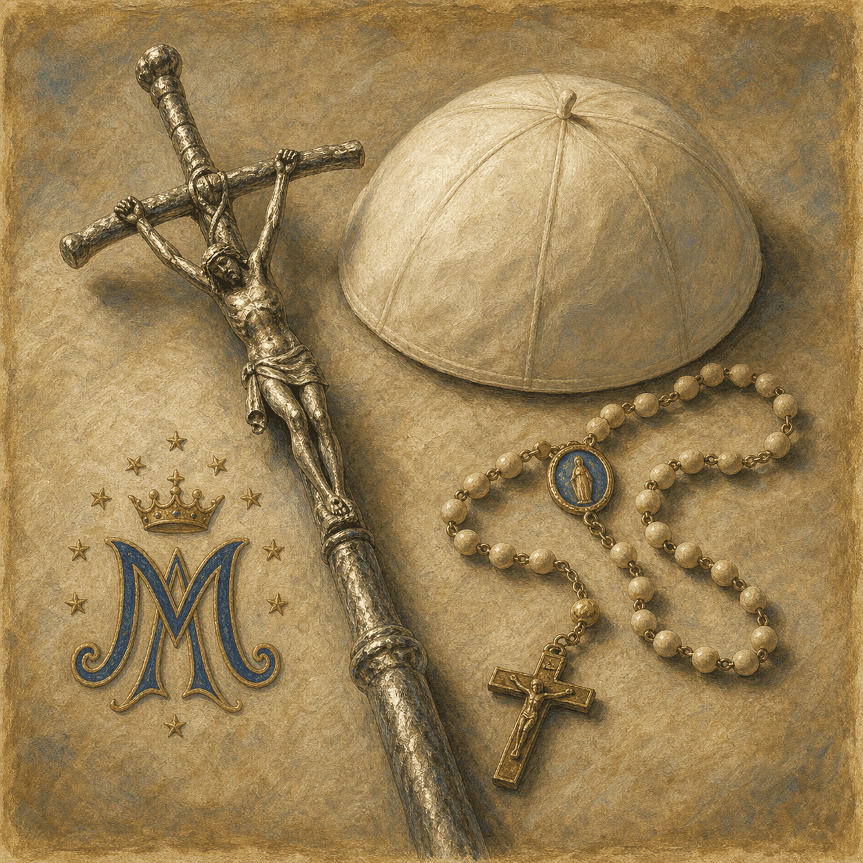 A still life for St. John Paul II with ferula, zucchetto, rosary, and Marian emblem.