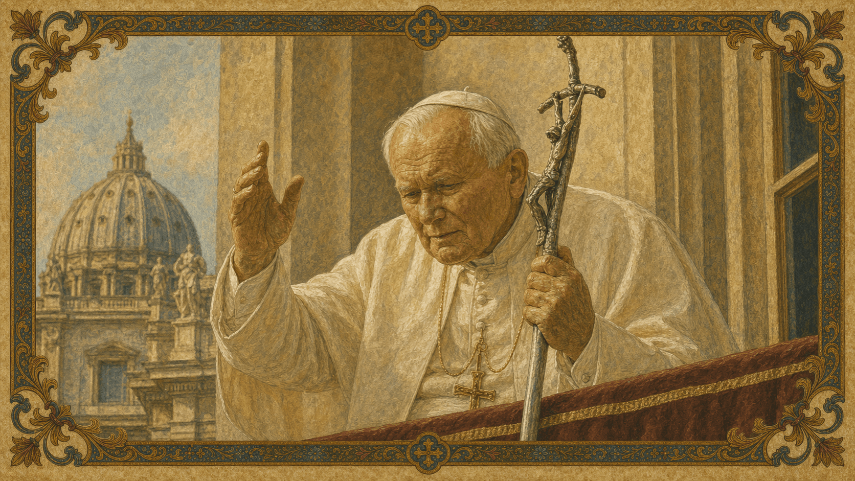 St. John Paul II in his final years, leaning on the ferula and blessing in weakness.