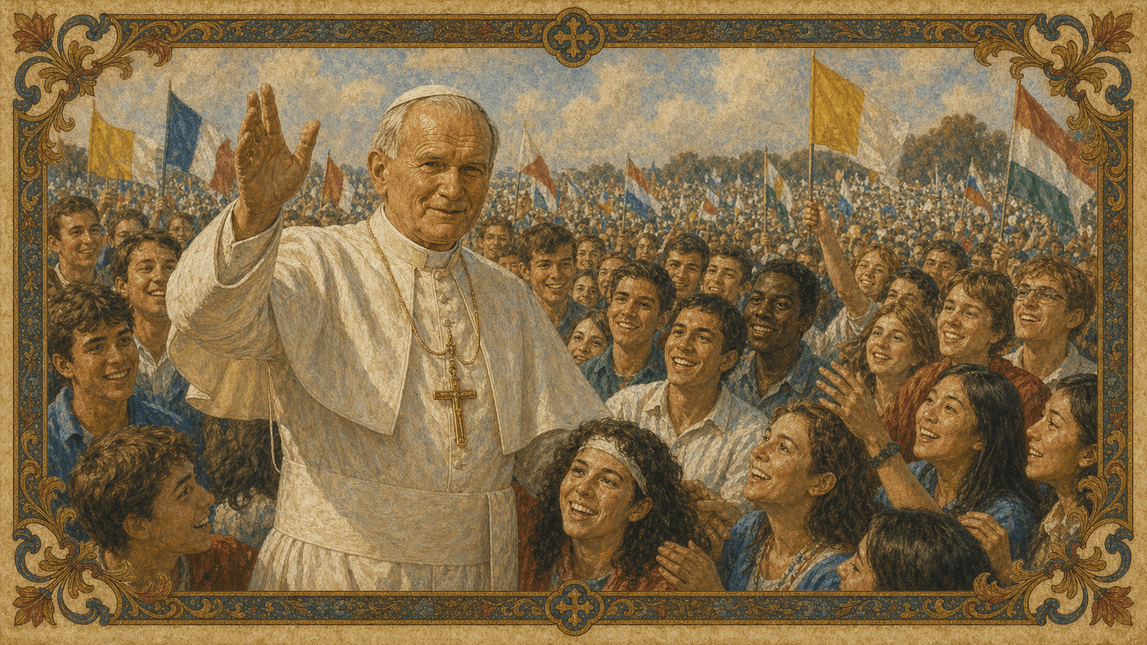 St. John Paul II among a crowd of young people at a World Youth Day style gathering.