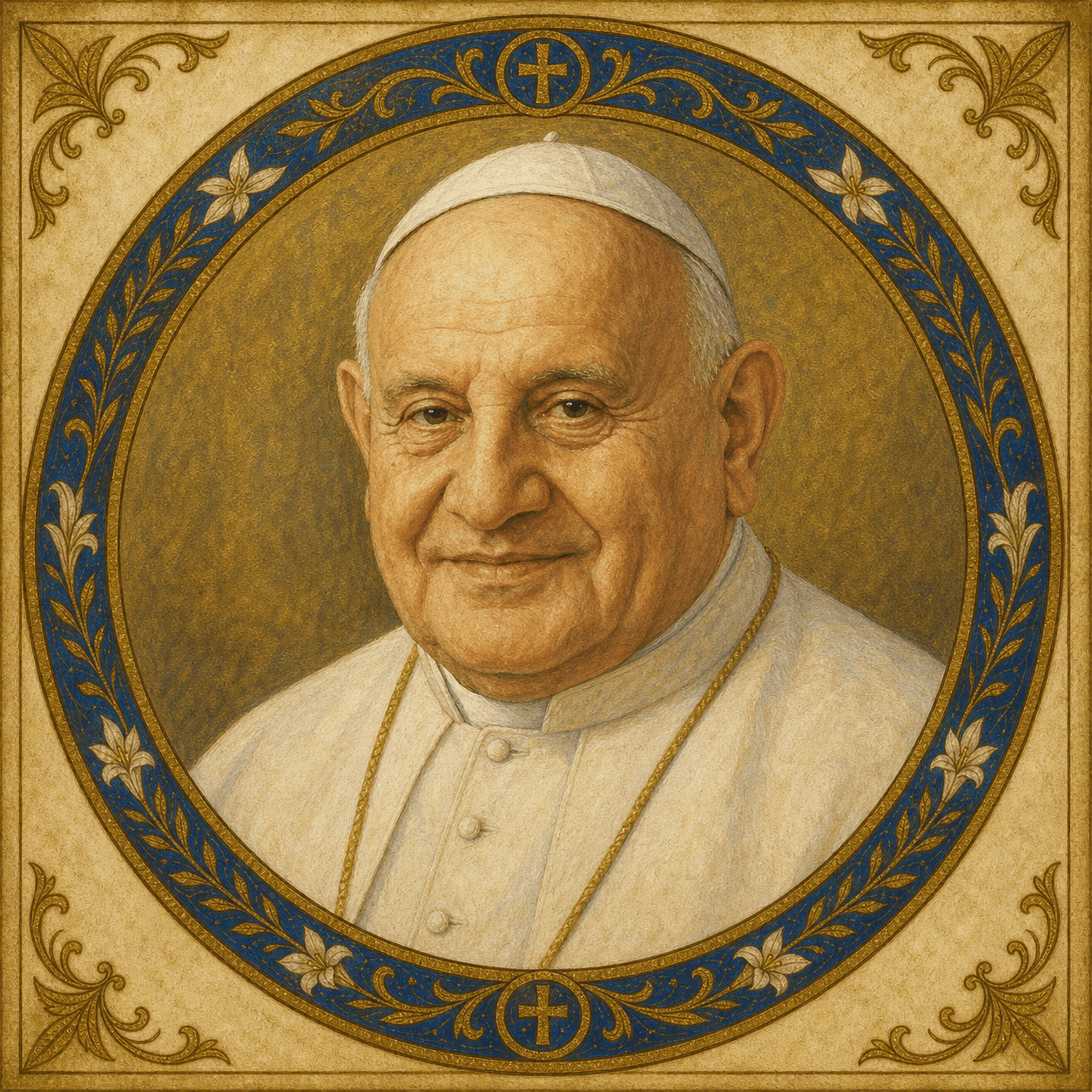 Portrait medallion of Pope St. John XXIII in the white papal cassock.