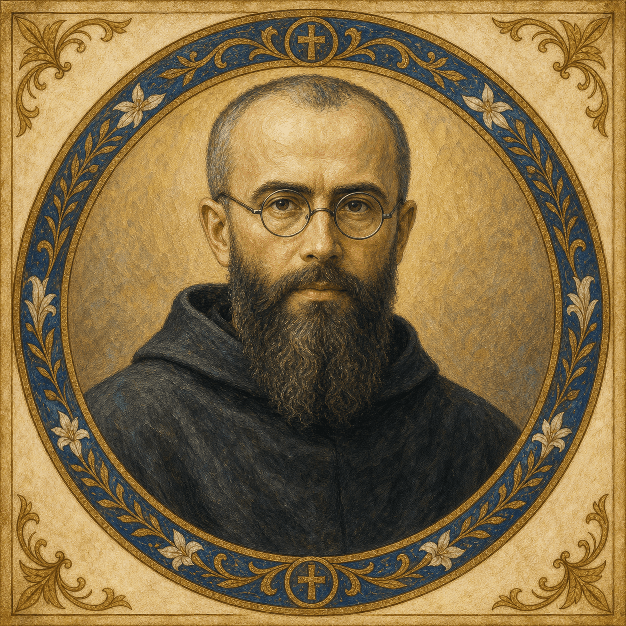 Portrait medallion of St. Maximilian Kolbe in a Conventual Franciscan habit.