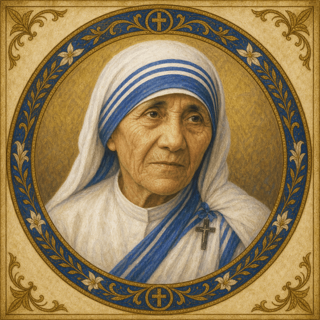 Portrait medallion of St. Teresa of Calcutta in the white sari with blue stripes.