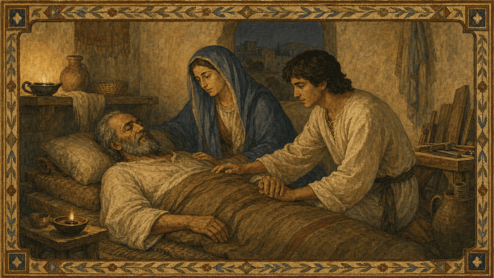 The traditional death of Joseph in the presence of Mary and Jesus, treated as a quiet devotional scene.