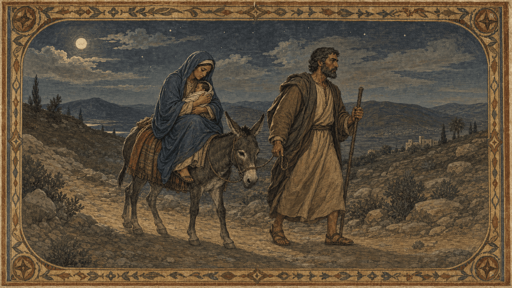 Joseph leading Mary and the Christ Child into Egypt by night after Herod's threat against the child.
