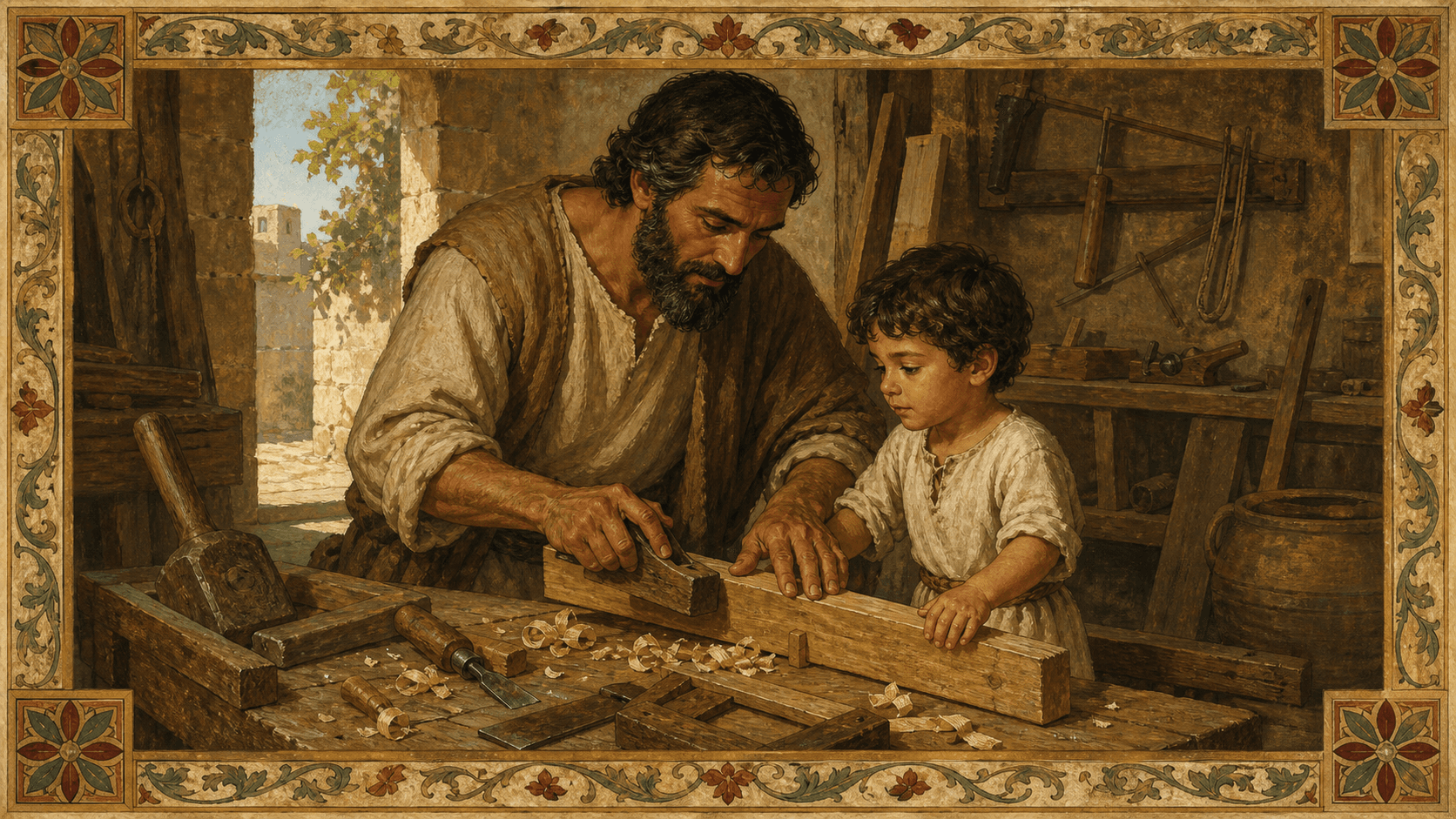 St. Joseph in a Nazareth workshop with the young Christ Child, rendered as a sober first-century Holy Land scene.