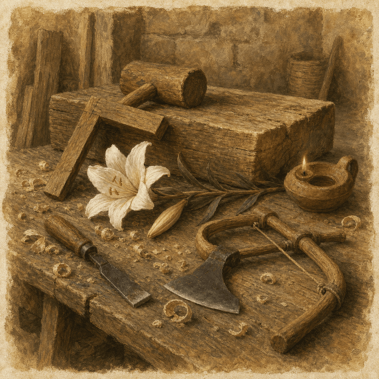 A symbolic still life for Joseph with carpenter's tools, wood shavings, a lamp, and a white lily.