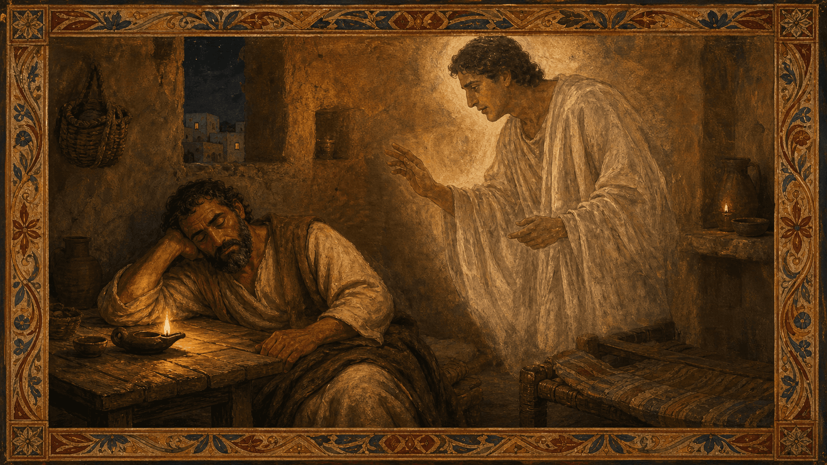 Joseph asleep by lamplight as an angel appears in a dream, the moment Matthew describes before Joseph takes Mary into his home.