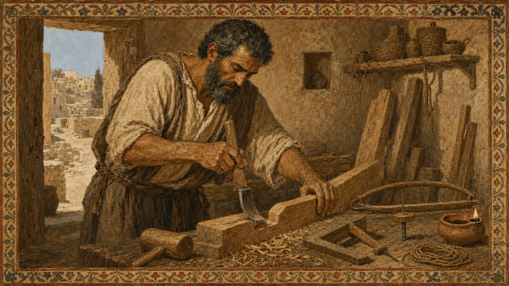The workshop at Nazareth with Joseph teaching the young Jesus the work of wood and stone.