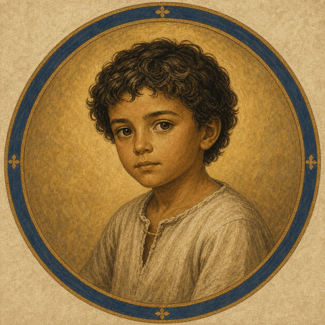 Portrait medallion of the Christ Child as a first-century Judean boy in a simple undyed tunic.