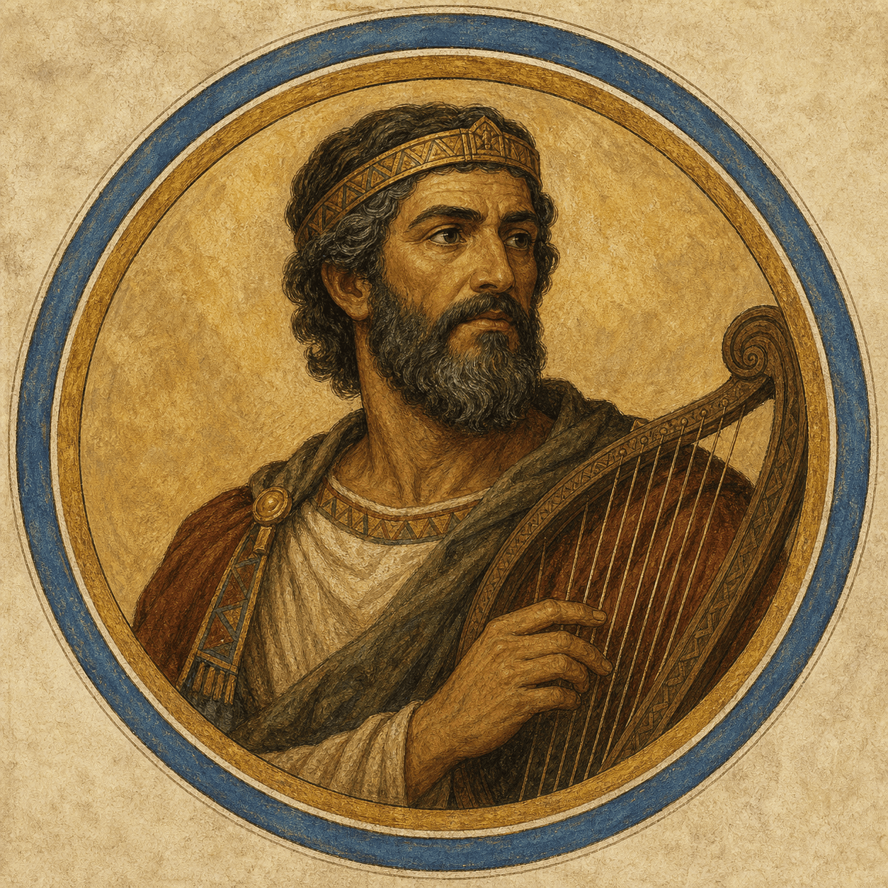 Portrait medallion of King David with a lyre, rendered as an ancient Israelite royal ancestor.