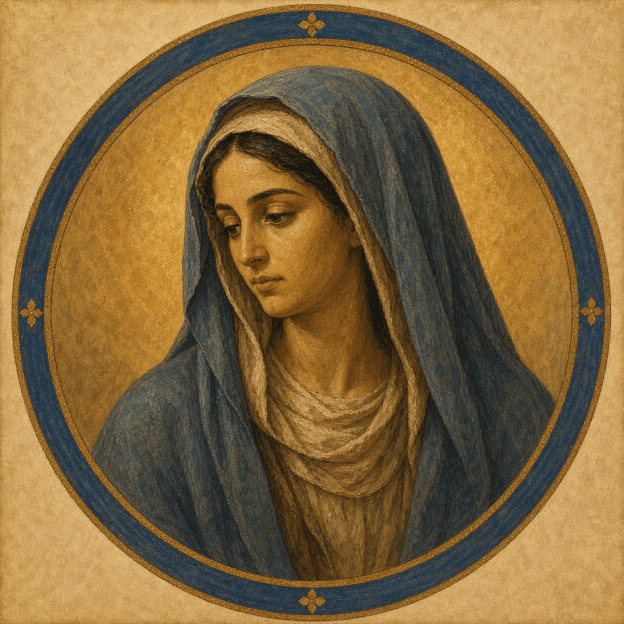 Portrait medallion of the Blessed Virgin Mary as a young first-century Judean woman in a muted blue mantle.