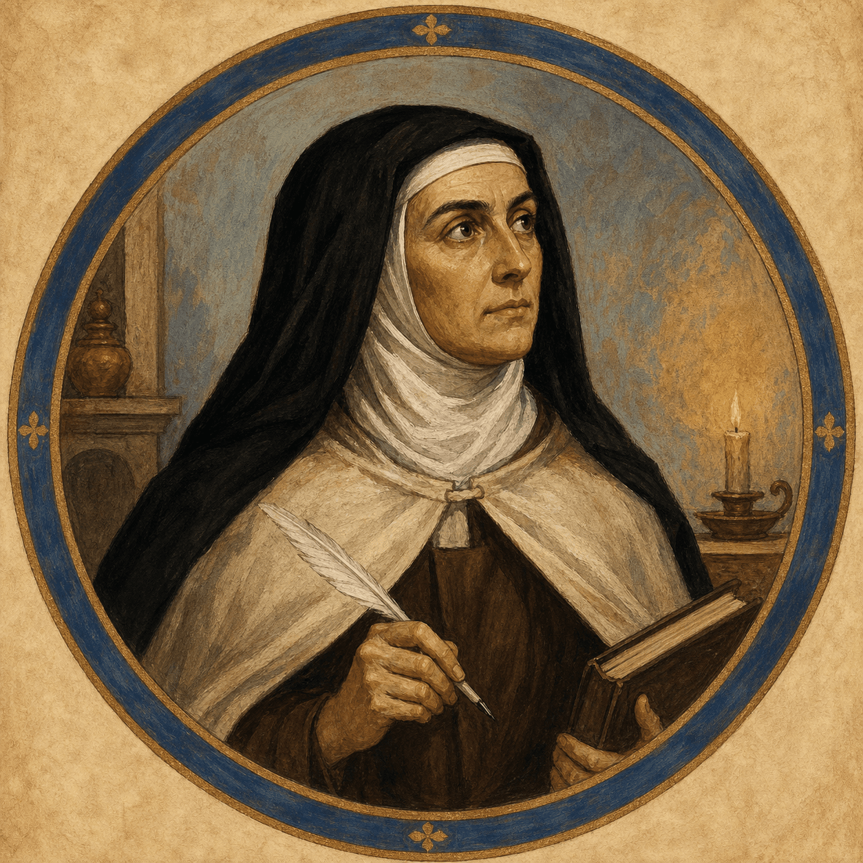 Portrait medallion of St. Teresa of Avila in a Carmelite habit.