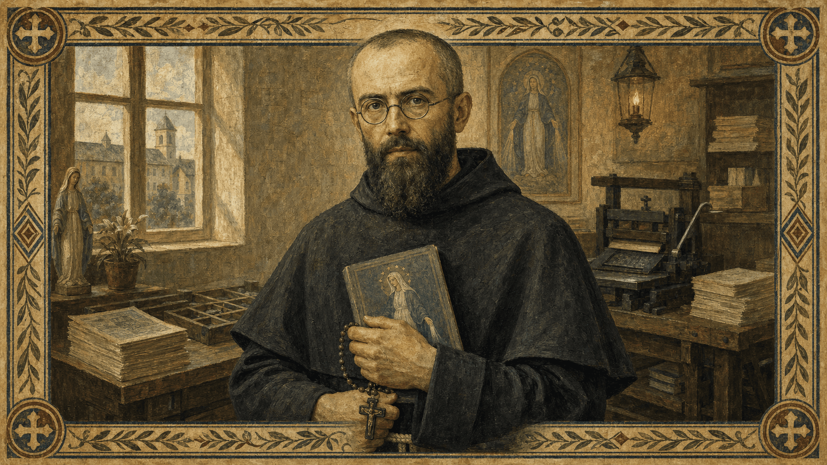 St. Maximilian Kolbe in his Conventual Franciscan habit, holding a rosary and Marian image.