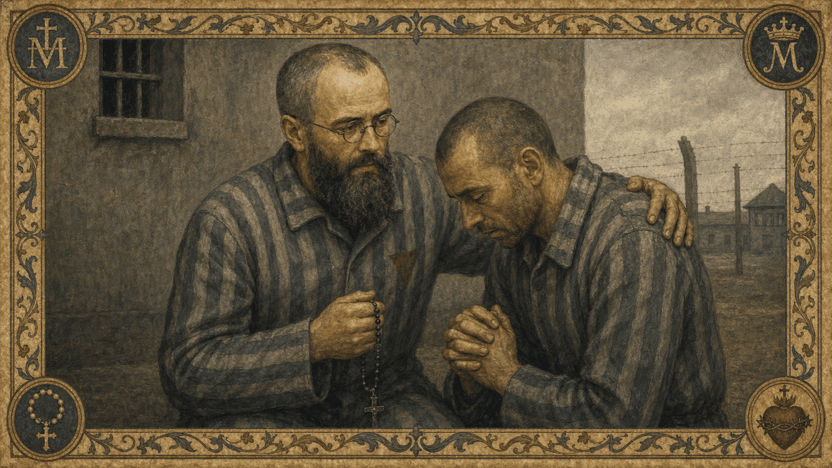St. Maximilian Kolbe ministering to a fellow prisoner at Auschwitz with grave restraint.