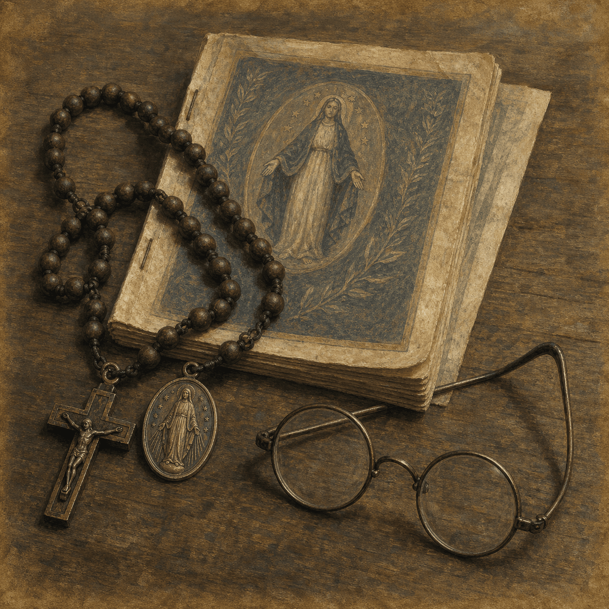 A still life for St. Maximilian Kolbe with a rosary, Miraculous Medal, booklet, and round glasses.