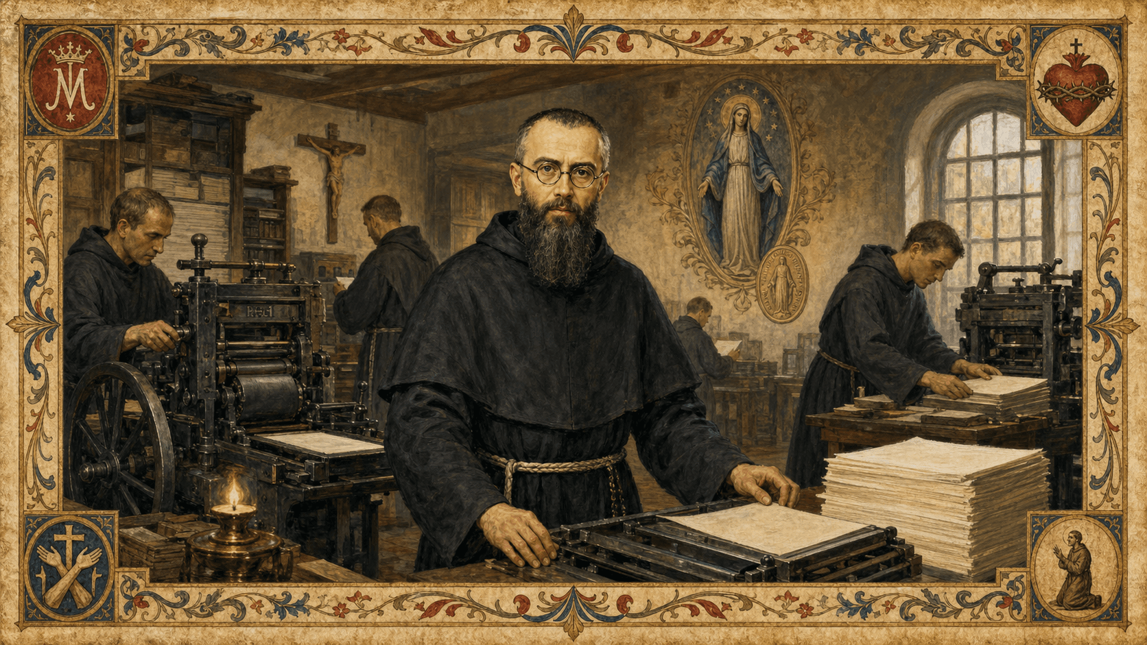 St. Maximilian Kolbe among the printing presses of Niepokalanów.