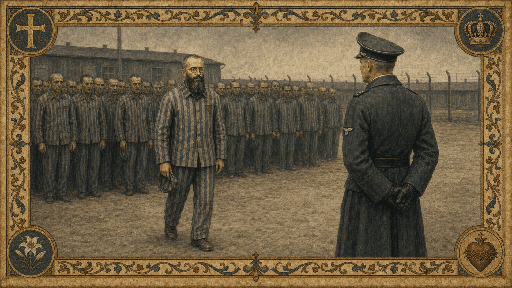 St. Maximilian Kolbe stepping forward at Auschwitz to offer his life for another prisoner.