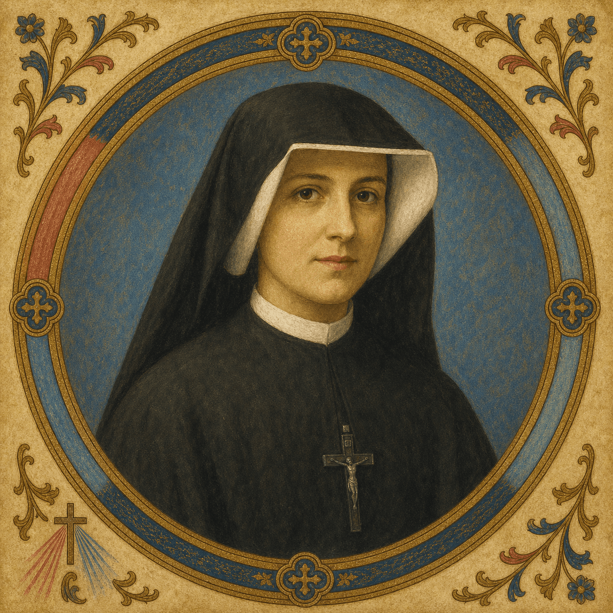 Portrait medallion of St. Faustina Kowalska in the habit of Our Lady of Mercy.