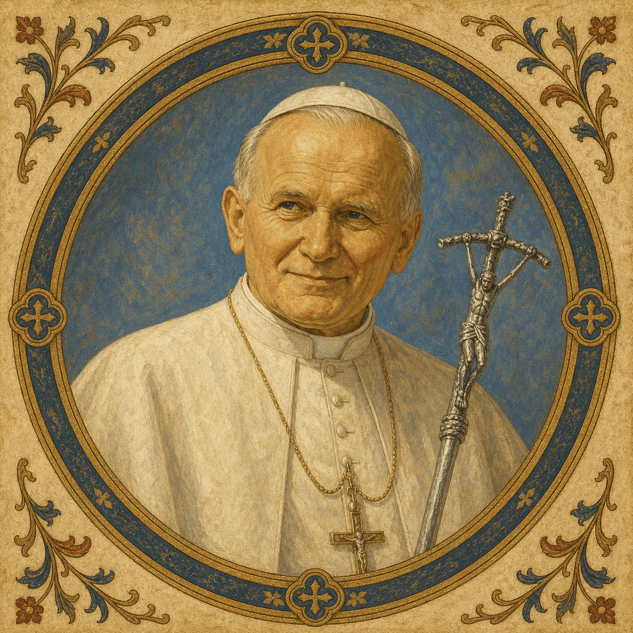 Portrait medallion of St. John Paul II in the white papal cassock.