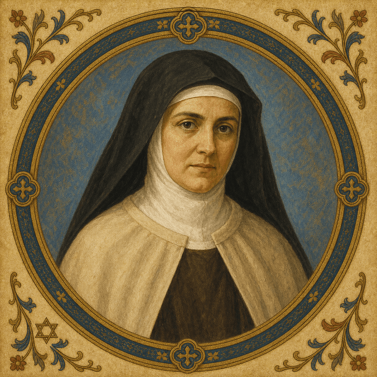 Portrait medallion of St. Teresa Benedicta of the Cross in a Carmelite habit.