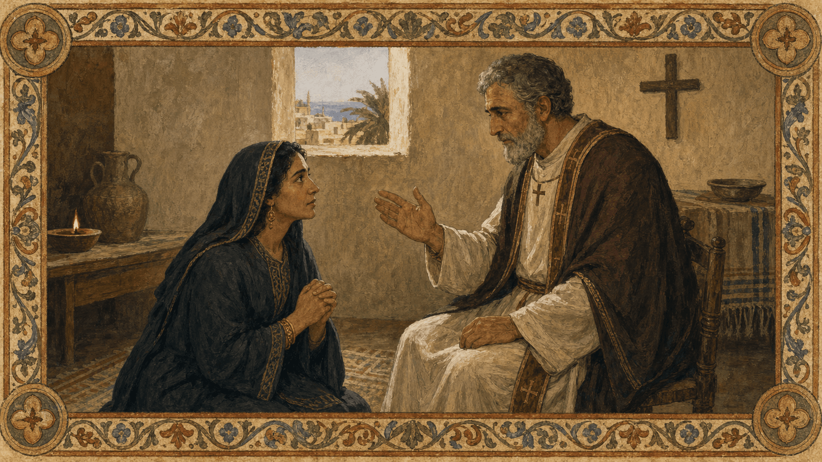 Monica kneeling before a North African bishop who tells her that the son of so many tears could not perish.