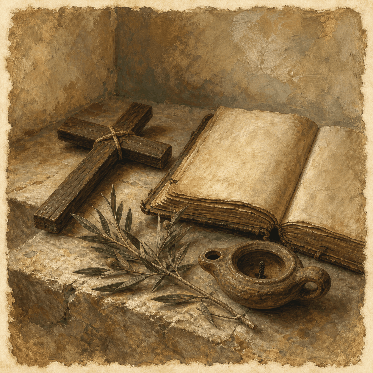 A simple still life of a wooden cross, an open Roman codex, and a small clay oil lamp, a visual reference to Monica's life of prayer.
