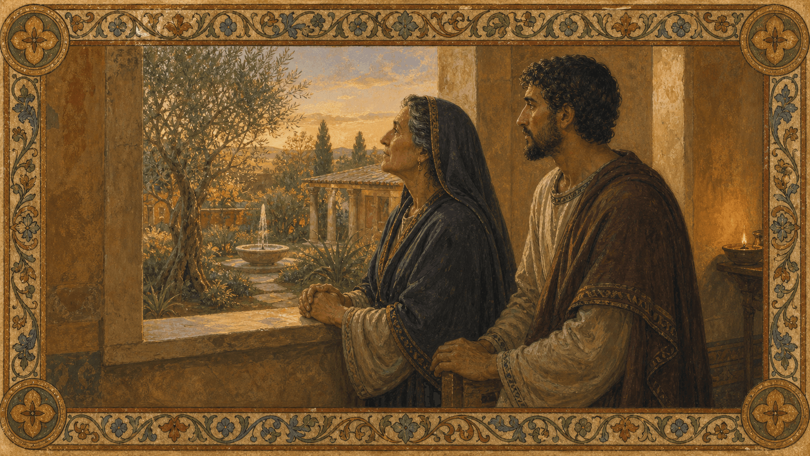 Monica and Augustine at a window overlooking a garden at Ostia, in the moment of shared contemplation described in the Confessions.